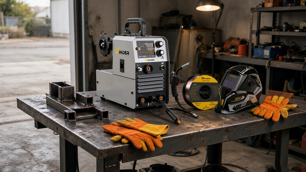 Simder MIG-140 Pro welder on a home garage workbench with MIG torch, wire spool and helmet