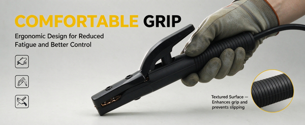 A black insulated tool with a textured ergonomic grip and metal clamp, held by a gloved hand. The image includes marketing text reading 'COMFORTABLE GRIP' and feature icons on the left, plus a circular inset showing the textured surface detail.