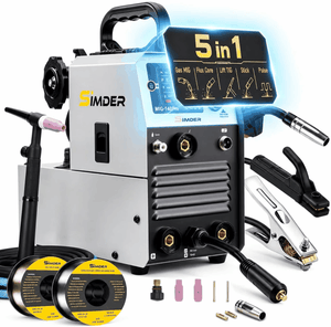 SIMDER 5-in-1 MIG welding machine kit with a silver and black machine body, a digital display screen, a welding torch, two large spools of welding wire, and various connector clips and tips on a white background.