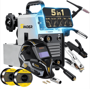 SIMDER 5 in 1 MIG welding machine kit with a silver and black machine body, a digital display screen, a welding helmet, two welding clips, two spools of welding wire, and various metal consumable rods, shown on a white background with a blue glowing graphic overlay.