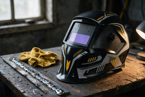 A black and gray welding helmet with yellow accents sits on a rustic wooden workbench next to a yellow cloth and metal rods, with a window and lamp in the background.