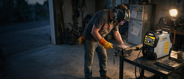 SSimder SD-4050 Pro multi-process welder in a home garage as a DIYer inspects a freshly finished weld